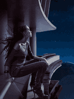 fantasy image of a woman watching a comet in the sky above dinosaurs