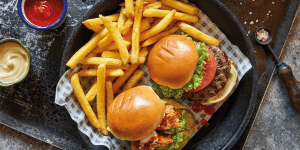 burger bun and chicken burger bun and chips