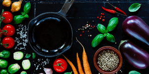 raw food ingredients and a frying pan