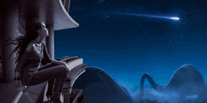 fantasy image of a woman looking through a telescope at a coomet passing over dinosaurs